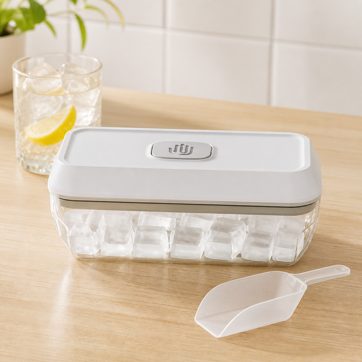 Noruva press ice tray with storage box and scoop