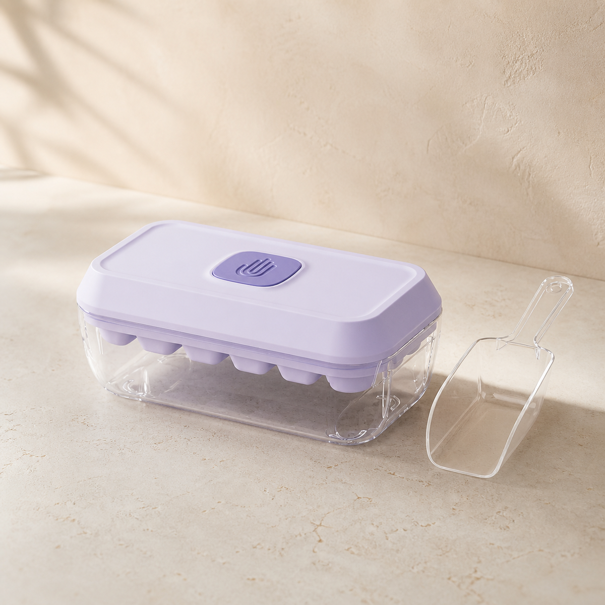 Noruva lilac 18-grid press ice tray with storage box and scoop