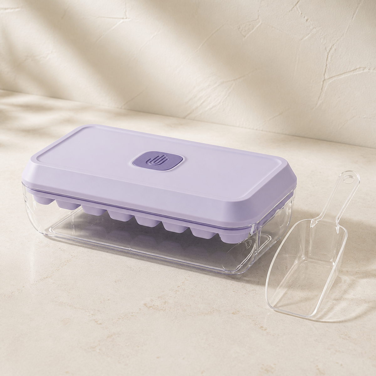 Noruva lilac 32-grid press ice tray with storage box and scoop
