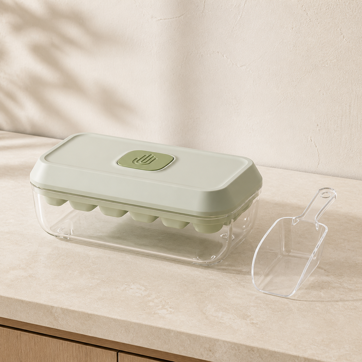 Noruva matcha green 18-grid press ice tray with storage box and scoop