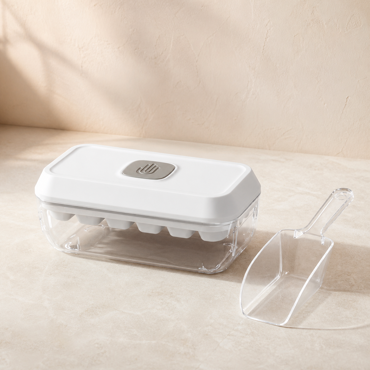 Noruva glacier white 18-grid press ice tray with storage box and scoop