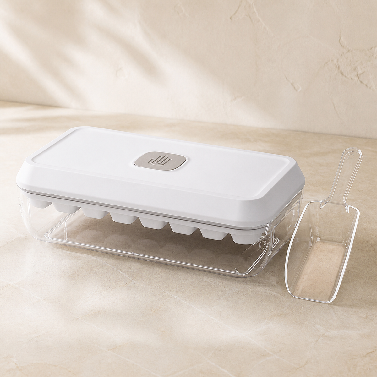 Noruva glacier white 32-grid press ice tray with storage box and scoop