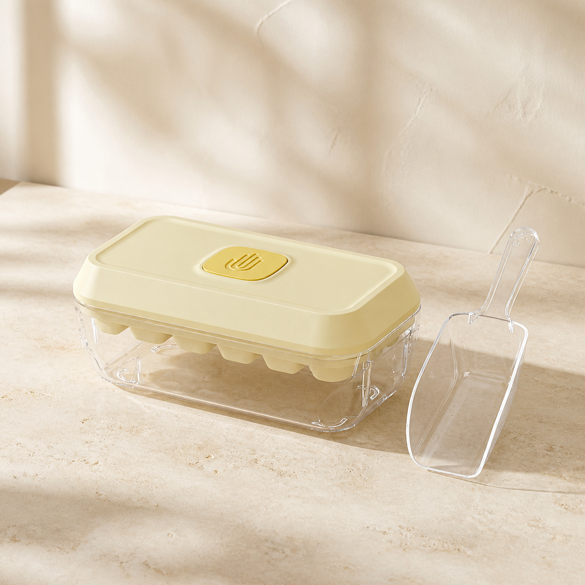 Noruva corn yellow 18-grid press ice tray with storage box and scoop