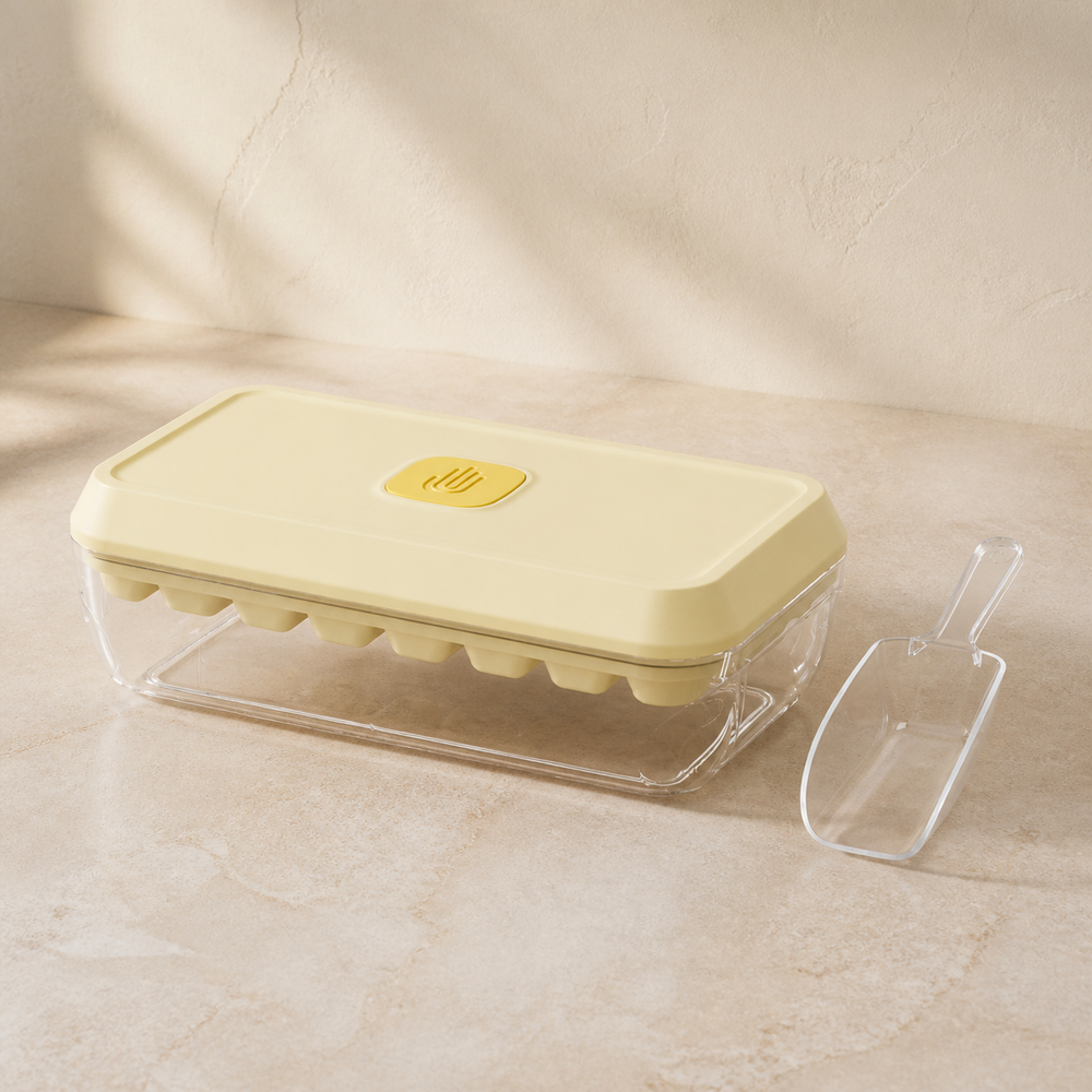Noruva corn yellow 32-grid press ice tray with storage box and scoop