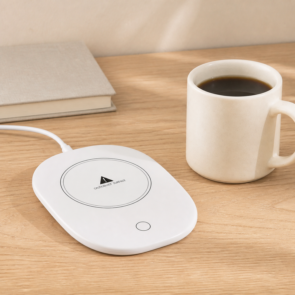 Noruva smart white mug warmer beside a ceramic coffee mug