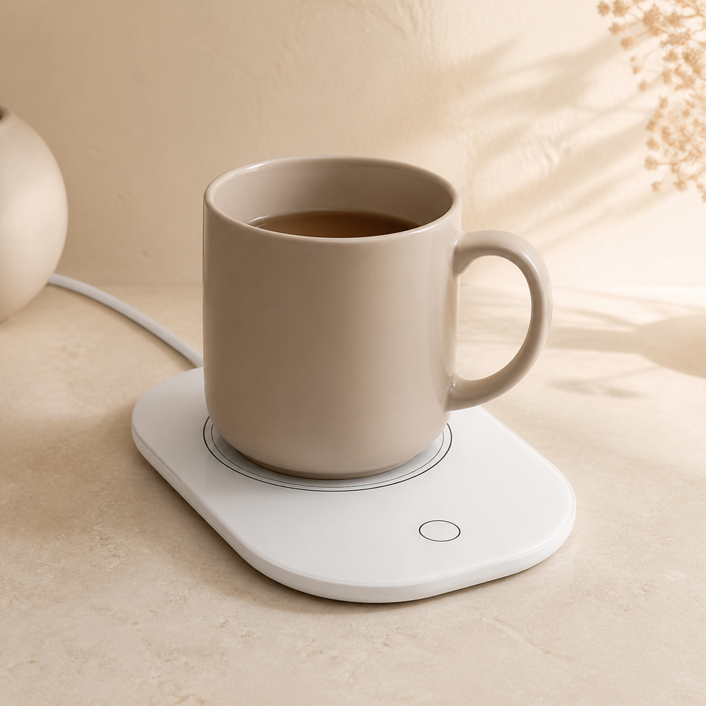 Noruva white smart coffee mug warmer with ceramic mug