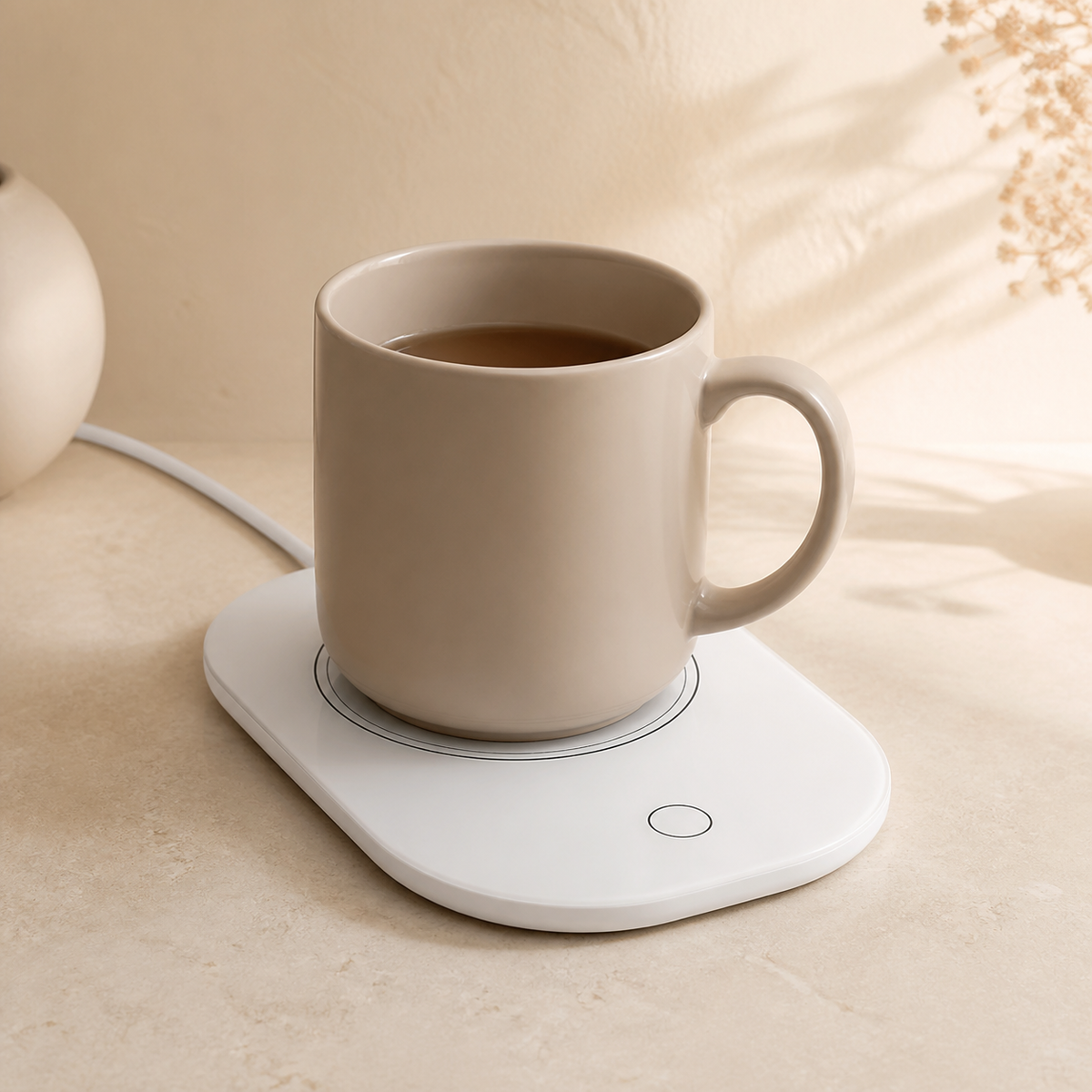 Noruva white smart coffee mug warmer with ceramic mug